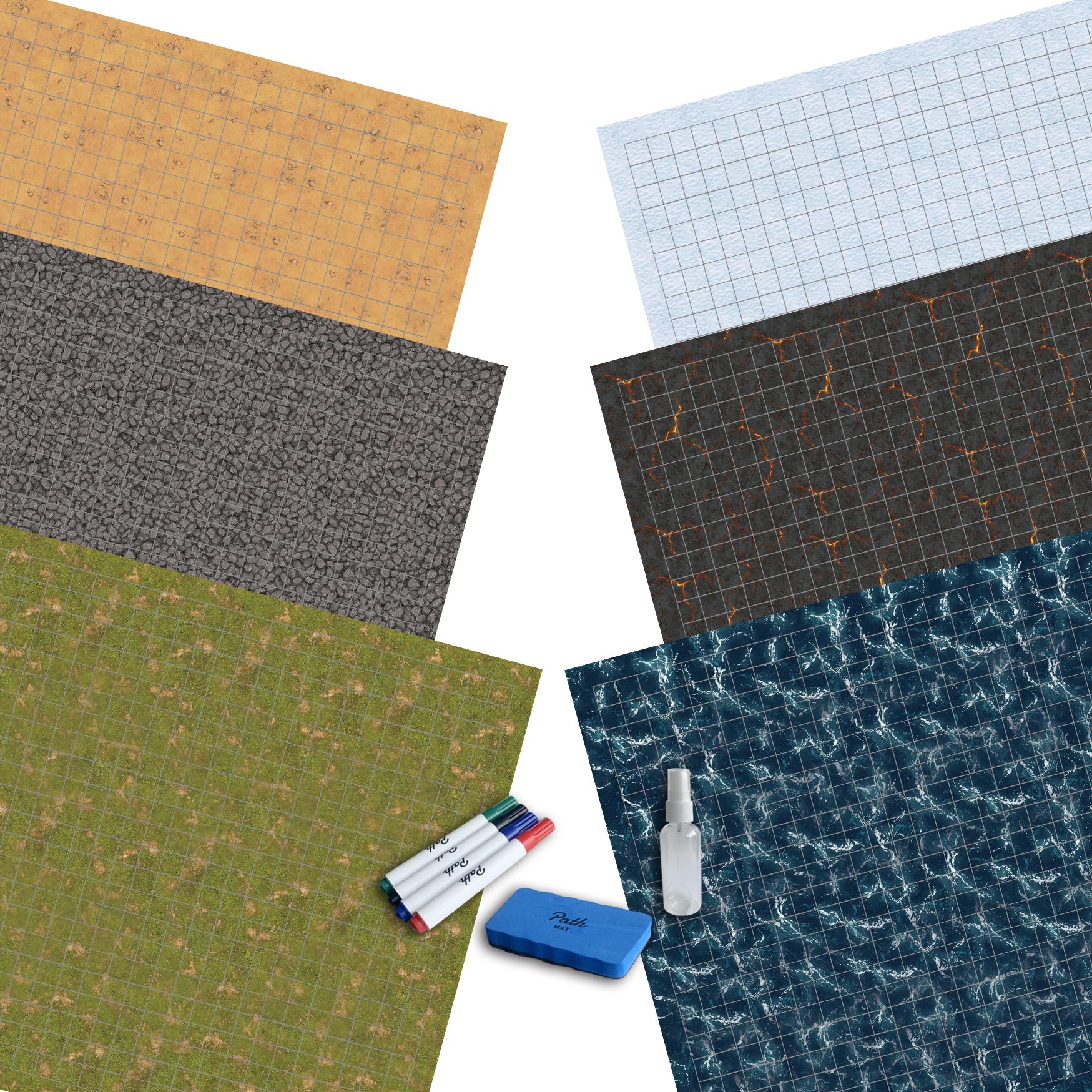 Six terrain designs from the Path Gaming three-mat set